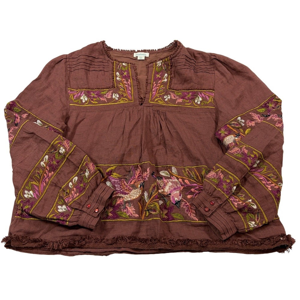 Sundance Brown Embroidered Linen Bird Floral Peasant Blouse PM Boho Fringe Top - Picture 2 of 11